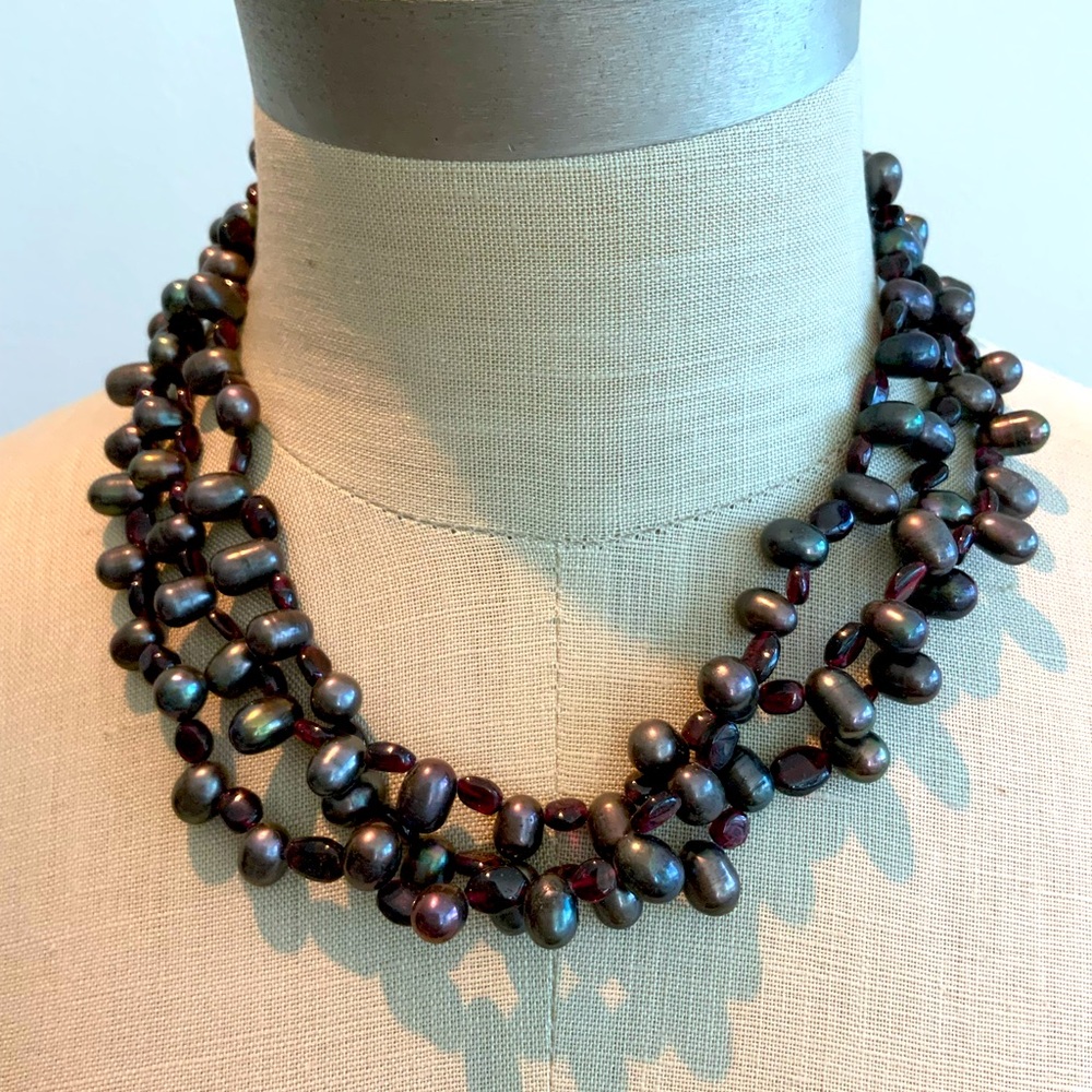 3 Strand Grey Pearls and Garnet Necklace